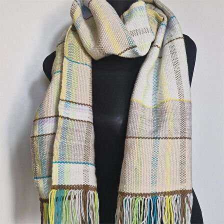 Ekru El Dokuması Atkı, Kilim Dokuması Tiftik Yünlü Atkı, Tasarım, Şık Kaşkol, Moli Tasarım