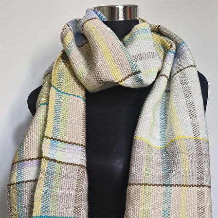 Ekru El Dokuması Atkı, Kilim Dokuması Tiftik Yünlü Atkı, Tasarım, Şık Kaşkol, Moli Tasarım