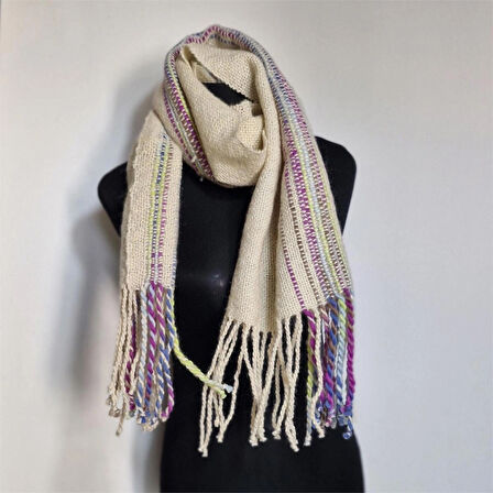 Ekru El Dokuması Atkı, Kilim Dokuması Tiftik Yünlü Atkı, Tasarım, Şık Kaşkol, Moli Tasarım