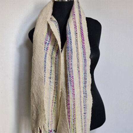 Ekru El Dokuması Atkı, Kilim Dokuması Tiftik Yünlü Atkı, Tasarım, Şık Kaşkol, Moli Tasarım