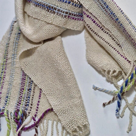 Ekru El Dokuması Atkı, Kilim Dokuması Tiftik Yünlü Atkı, Tasarım, Şık Kaşkol, Moli Tasarım