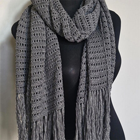 Gri El Örgüsü Geniş Şal, Tasarım , Şık , Hediyelik El Yapımı Şal, Moli Tasarım