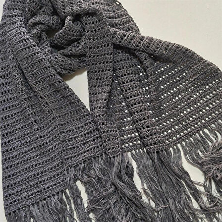 Gri El Örgüsü Geniş Şal, Tasarım , Şık , Hediyelik El Yapımı Şal, Moli Tasarım