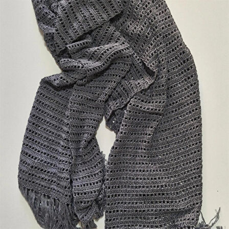 Gri El Örgüsü Geniş Şal, Tasarım , Şık , Hediyelik El Yapımı Şal, Moli Tasarım