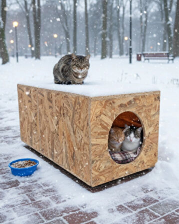 Reyo Kedi Evi Dış Ortam Uygun Ahşap Kedi Evi OSB 60x40x40 cm - CAT44