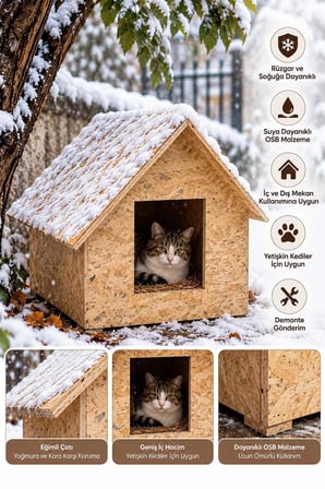 Reyo Yetişkin Kedi Evi, 50x50x35 cm, Rüzgar ve Soğuğa Dayanıklı Ahşap Kedi Evi Kedi Yuvası CAT45