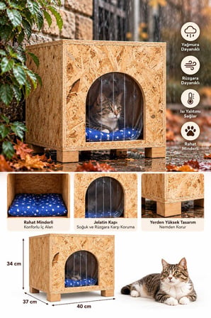 Reyo Minderli Kedi Evi Yağmur ve Rüzgara Dayanıklı Kedi Barınağı, Kedi Yuvası OSB 40x37x34 cm CAT47M