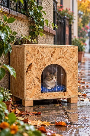 Reyo Minderli Kedi Evi Yağmur ve Rüzgara Dayanıklı Kedi Barınağı, Kedi Yuvası OSB 40x37x34 cm CAT47M