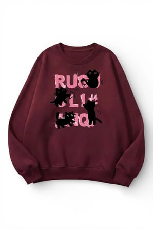 Unisex Yumuşak Dokulu Kedi Kaos Baskılı Tasarım Oversize 3 İplik Bisiklet Yaka Sweatshirt