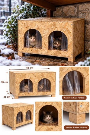 Reyo 2 Bölmeli Yetişkin Kedi Evi, Kedi Barınağı, Sokak Hayvanları İçin Kedi Barınağı, Kedi Yuvası, Rüzgar ve Soğuğa Dayanıklı Ahşap 61x41x36 cm CAT50