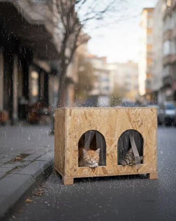 Reyo Kedi Evi Dış Ortam Uygun Ahşap Kedi Evi Double OSB 61x41x36 cm - CAT50