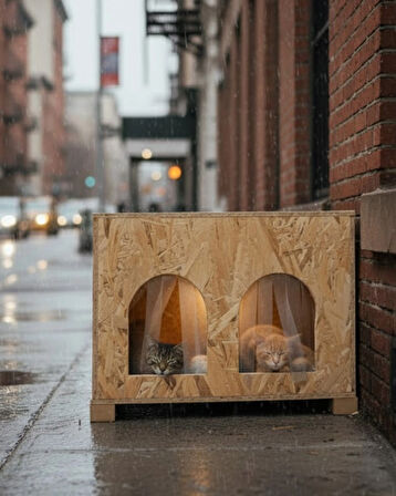 Reyo Kedi Evi Dış Ortam Uygun Ahşap Kedi Evi Double OSB 61x41x36 cm - CAT50