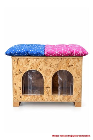 Reyo 2 Bölmeli 2 Minderli Yerden Yüksek Kedi Yuvası, Su ve Isı Yalıtımı İç ve Dış Mekan Kedi Barınağı OSB, Kedi Evi 61x41x36 cm CAT51M