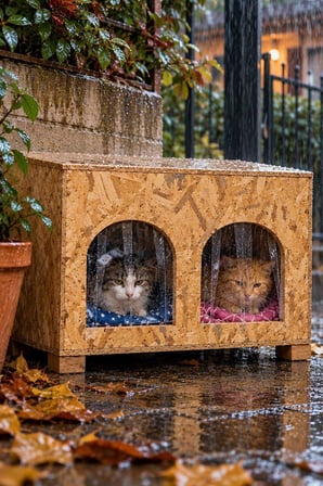 Reyo 2 Bölmeli 2 Minderli Yerden Yüksek Kedi Yuvası, Su ve Isı Yalıtımı İç ve Dış Mekan Kedi Barınağı OSB, Kedi Evi 61x41x36 cm CAT51M