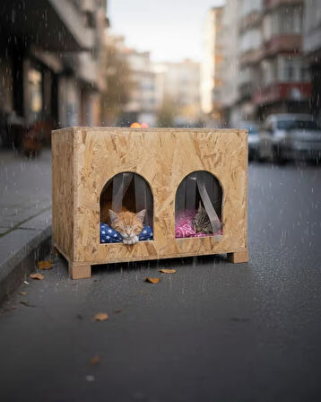 Reyo Kedi Evi Dış Ortam Uygun Ahşap Kedi Evi Double OSB Minderli 61x41x36 cm - CAT51M