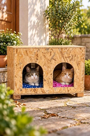 Reyo 2 Bölmeli 2 Minderli Yerden Yüksek Kedi Yuvası, Su ve Isı Yalıtımı İç ve Dış Mekan Kedi Barınağı OSB, Kedi Evi 61x41x36 cm CAT51M