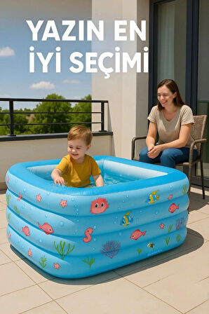4 Boğumlu Şişme Çocuk Havuzu – 140x100x70 cm – Büyük Boy, Tabanı Şişen, Tahliyeli Balkon Havuzu