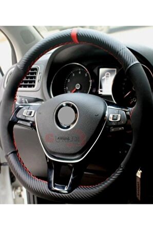 Vw Passat B8-b8,5 Uyumlu Dikmeli Direksiyon Kılıfı Karbon-alkantara Yüzüklü Kırmızı Ipli