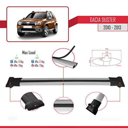 Dacia Duster (HS) Pre-Facelift 2010-2013 Arası ile Uyumlu FLY Model Ara Atkı Tavan Barı Gri 2 Adet