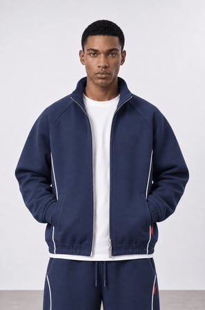 Erkek Biye Detaylı Panda Oversize Zip Lacivert