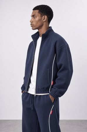 Erkek Biye Detaylı Panda Oversize Zip Lacivert