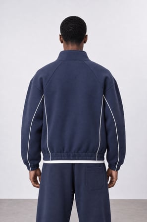 Erkek Biye Detaylı Panda Oversize Zip Lacivert