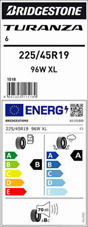 Bridgestone 225/45R19 96W Xl Turanza 6 B-A-70  Lastiği (Üretim Yılı: 2024)