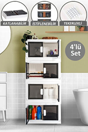 4'lü Tekerlekli Çok Amaçlı Banyo Dolabı İstiflenebilir Katlanır Banyo Düzenleyici Dolap Havluluk