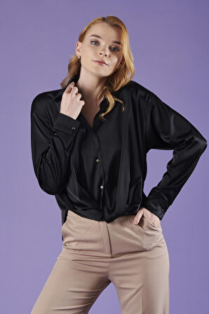 Siyah Önü Pile Detaylı Gömlek | 40