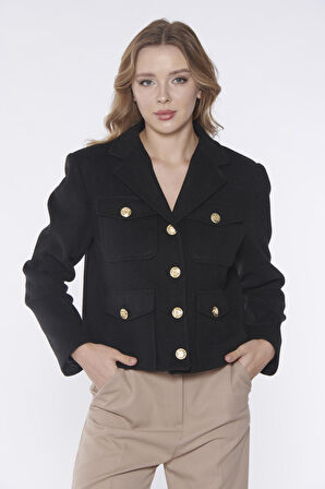 Siyah Cep Detaylı Düğmeli Ceket | 36