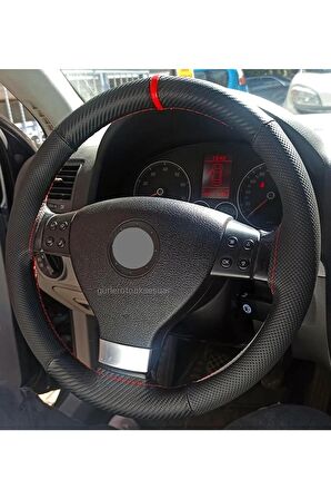 Vw Golf 5 Uyumlu Dikmeli Direksiyon Kılıfı Noktalı-karbon Kırmızı Yüzüklü