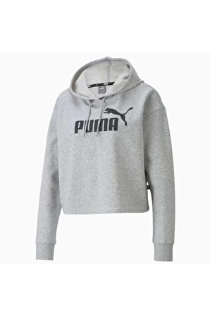 Puma Kadın Gri ESS Cropped Logo Hoodie Kapşonlu Kısa Sweatshirt
