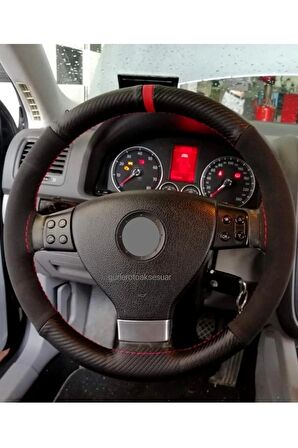 Vw Golf 6 Uyumlu Dikmeli Deri Direksiyon Kılıfı Alkantara Karbon Kırmızı