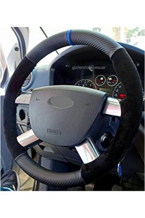Ford Connect Uyumlu Alkantra-karbon Mavi Yüzüklü Direksiyon Kılıf