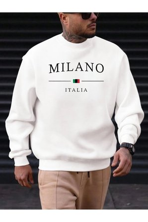 Unisex Milano Italıa Tasarım Baskılı Bisiklet Yaka Sweatshirt