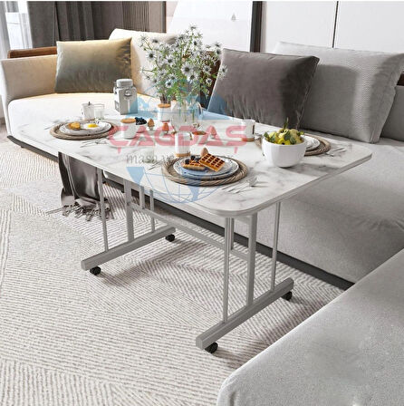 METAL AYAKLI TEKERLEKLİ EKONOMİK ORTA SEHPA 70 x 110 cm – BEYAZ MERMER