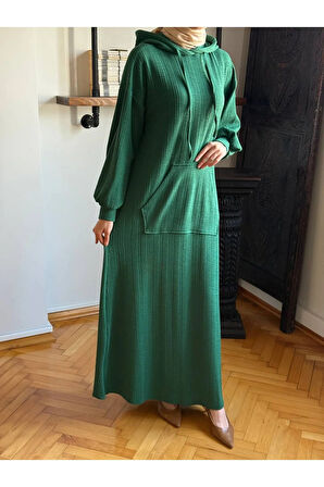 Kapüşonlu Cepli Örme Elbise 2401 NAVRA |