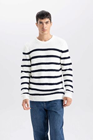 DeFacto Standart Fit Normal Kesim Bisiklet Yaka Çizgili Triko Kazak B0546AX24WNER100