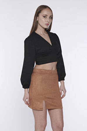 Süet Yırtmaç Detaylı Mini Etek | 40