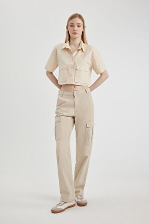 DeFacto Coool Oversize Geniş Kalıp Poplin Kısa Kollu Crop Gömlek C0739AX24SPBG360