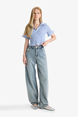 Coool Fitted Gömlek Yaka Dokulu Kısa Kollu Gömlek