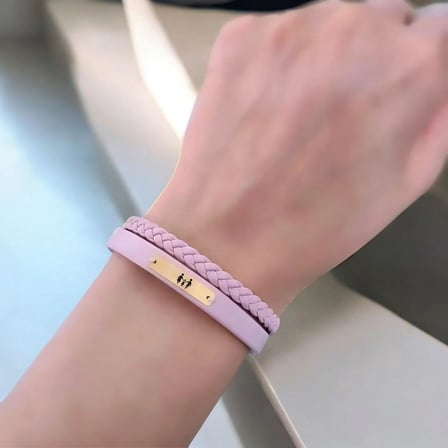 14 Ayar Altın Plakalı Aile Temalı Doğal Pembe Derili Dikdörtgen Motifli Hediye Bileklik-613
