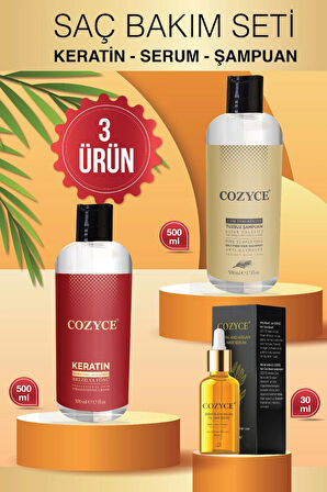 Cozyce Brezilya Fönü Keratin 500ML + Argan Saç Serumu30ML +Çam Terebentin Kepek Önleyici Şampuan 500ML