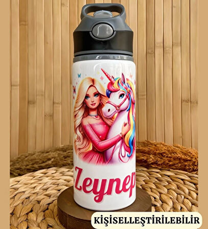 Kişiye Özel İsimli Prenses ve Unicorn Temalı Çocuk Pipetli Matara Suluk 650ml