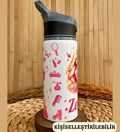 Kişiye Özel İsimli Prenses ve Unicorn Temalı Çocuk Pipetli Matara Suluk 650ml