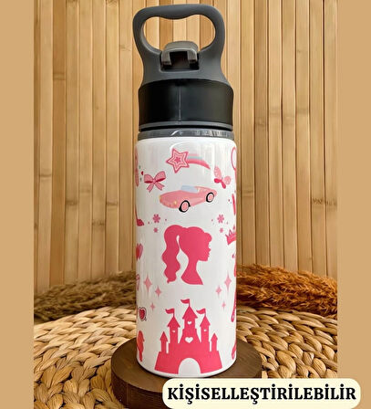Kişiye Özel İsimli Prenses ve Unicorn Temalı Çocuk Pipetli Matara Suluk 650ml