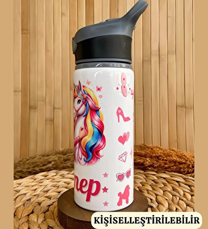 Kişiye Özel İsimli Prenses ve Unicorn Temalı Çocuk Pipetli Matara Suluk 650ml