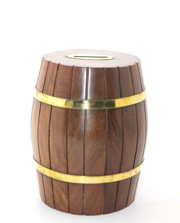 Pirinç Ahşap Fıçı Kumbara 15 Cm Wb538