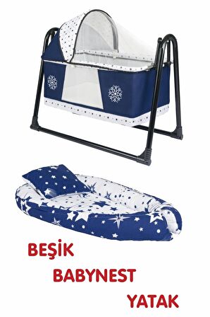 Btrend Babynest Yatak Ve Yastık+ Cep Hediyeli Sallanır Sepet Beşik Bebek Beşiği Hamak 2 li Set Lacivert