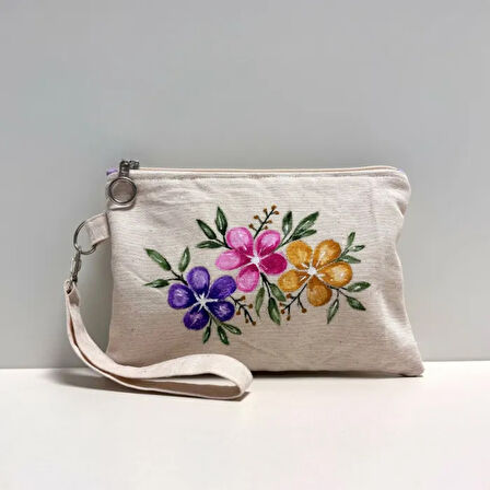 Uretti - Semiha 5931 - Çiçek Desenli  El Boyama Kadın Clutch -Krem